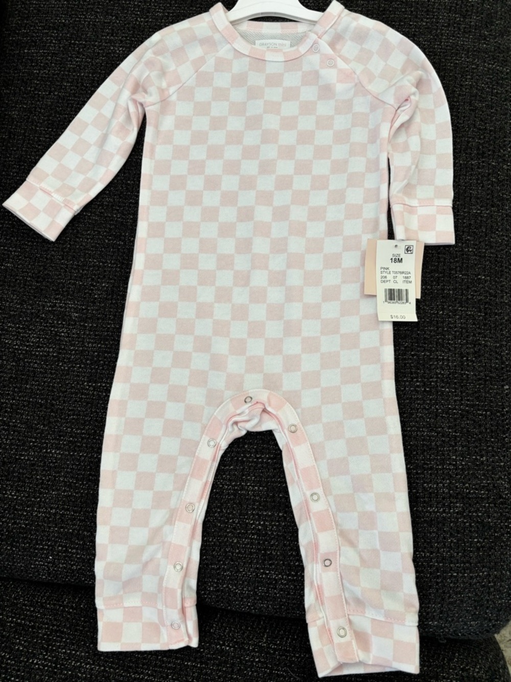 Long-Sleeve Pink Checkered Baby One-Piece Romper - 18M